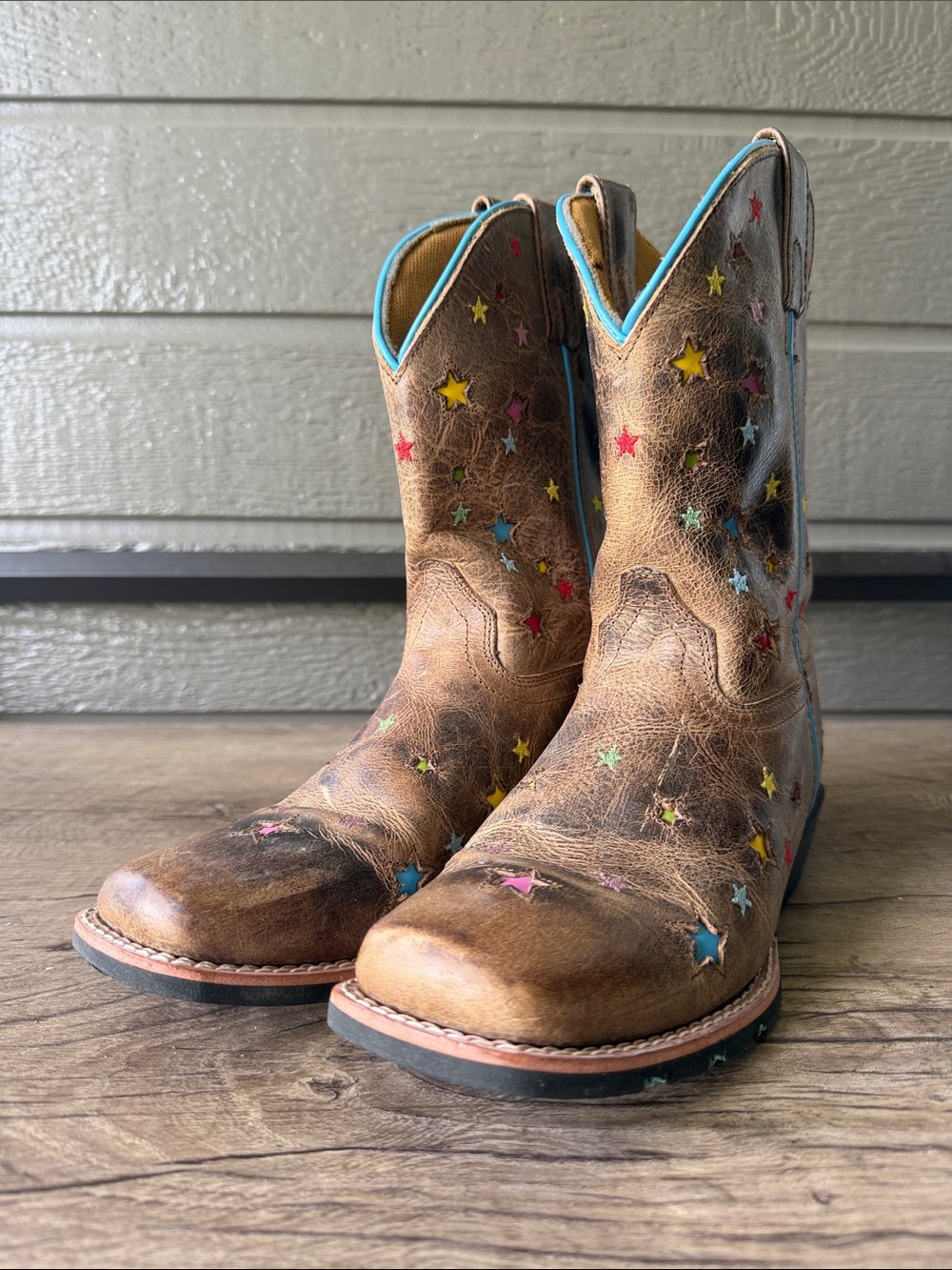 Dan post starlett Brown Leather Star Accent Cowboy Boots Turquoise Trim size 5